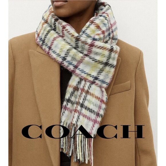 COACH Wool Cashmere Check Pattern Neck Muffler Scarf Self Fringed 9.5" x 65" - Picture 10 of 10
